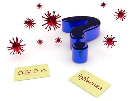 Big blue question mark, virus icons and sticky notes with the words covid-19 and influenzaの写真素材