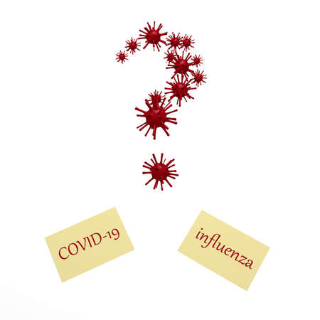Big question mark, virus icons and sticky notes with the words covid-19 and influenzaの写真素材