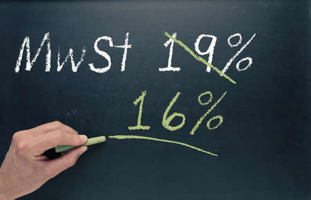 Conceptual image with a man writing on a chalkboard for economic stimulus package for Germany.の写真素材