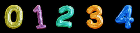 Set of colorful Balloon Numbers 0-4, Realistic 3D Rendering on a black backgroundの写真素材