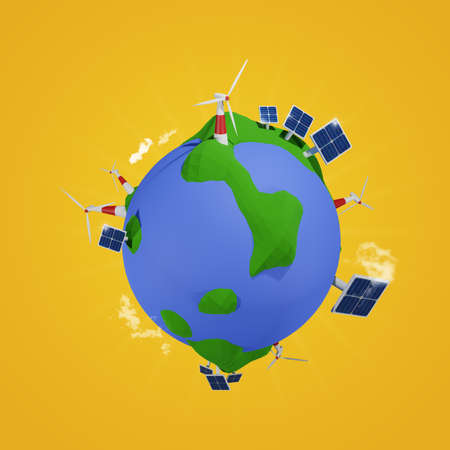 Alternative energy concept with sun power and wind energy, 3d rendering low poly world on a bright...