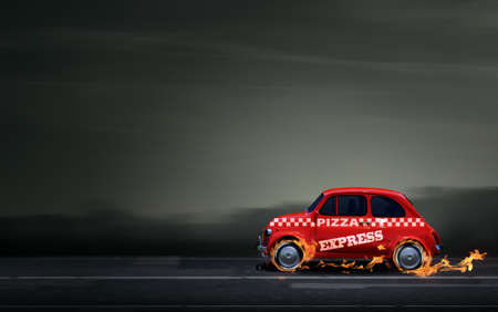 Small red pizza express with burning wheels on the road, fast delivery concept