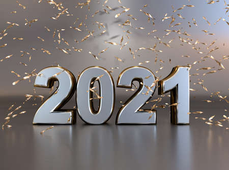 Shiny steel number 2021 with reflections, 3d rendering