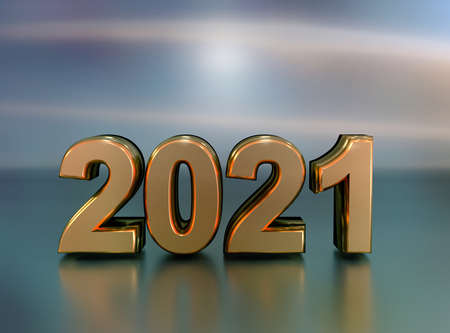 Golden steel number 2021 with reflections, 3d renderingの写真素材