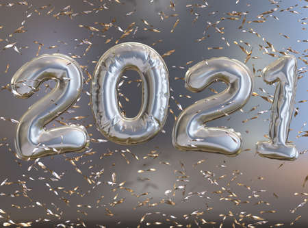 Shiny helium balloons with the year 2021 and glittering confetti, new year concept, 3d rendering