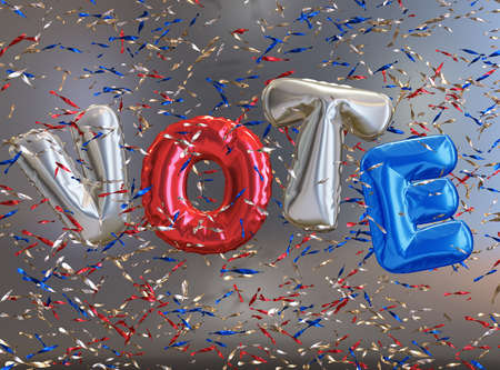 Shiny helium balloons with the word Vote and glittering confetti, American Elections Concept, 3d renderingの写真素材