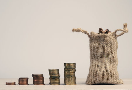 Stacked coins, money savings, upswing economy, financial concept, retirement pension concept, insuranceの写真素材