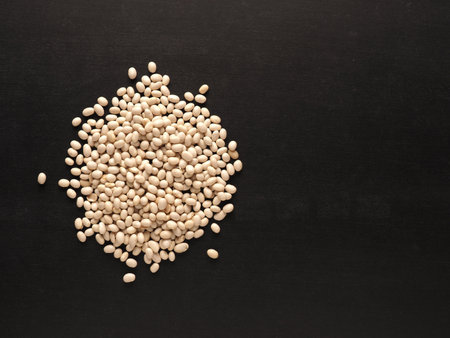 A heap of organic white beans on a blackboard with space for your text or image, healthy food conceptの写真素材