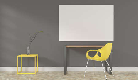 Modern puristic home office room with a blank mock up poster on a gray wall