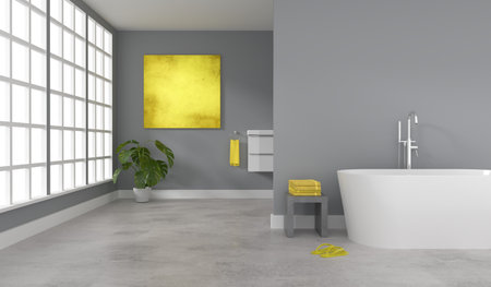 Modern puristic bathroom with space for text on a blank wall, wellness spa interior concept, 3d renderingの写真素材