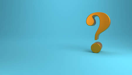 Fine 3d concept with a golden question mark icon in a blue room with space for textの写真素材