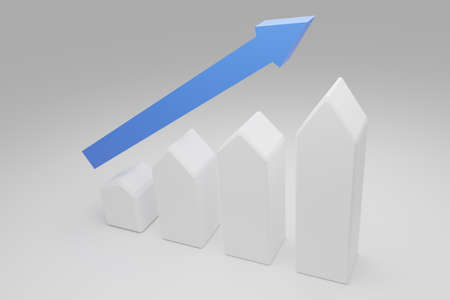 Puristic house shapes with an upswing arrow. housing boom, property market growing, high demand for...