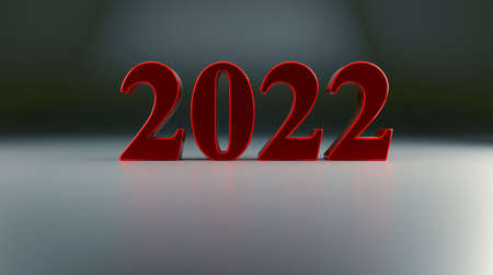 Red steel number 2022 with reflections, 3d renderingの写真素材