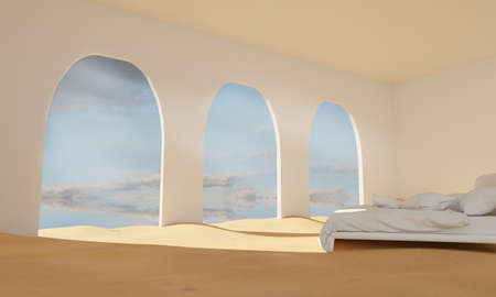 White empty bedroom filled with desert sand, rays of sunlight fall through the doorway. 3d renderingの写真素材