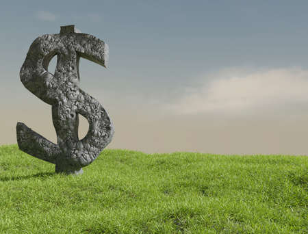 A rock in the shape of a Dollar icon stands on a lush meadow, 3d renderingの写真素材