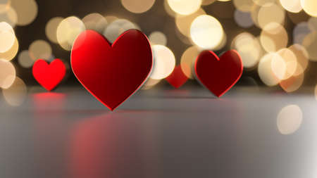 Red heart shapes with bokeh effect and reflections, 3d rendering, love or Valentines day conceptの写真素材