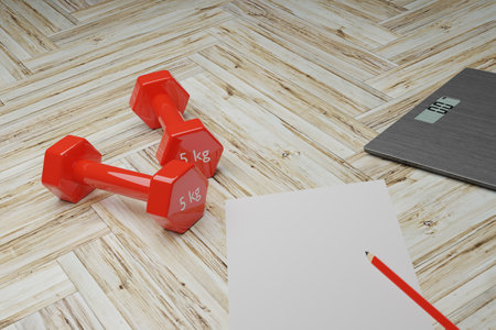 Two red dumbbells on a wooden floor with space for your text or image, 3d renderingの写真素材