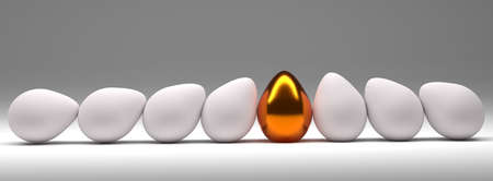 One golden Easter egg with many natural white eggs on a studio background, 3d renderingの写真素材