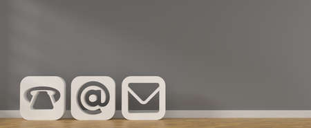 Big white contact icons in a gray room with space for your text, 3d renderingの写真素材