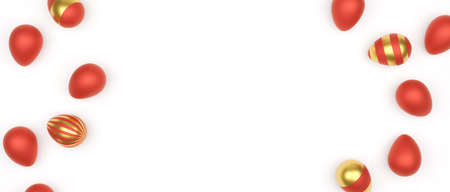Red and gold painted Easter eggs on a white background with space for text, using as header or...