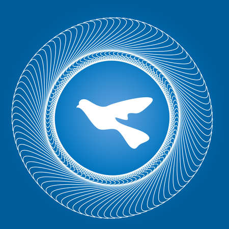 Peace symbol with a white pigeon and round border on a blue gradient background, vector illustrationのイラスト素材