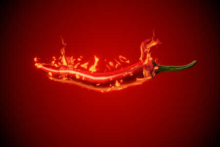 Red chili pepper with fire against a red gradient background, 3d renderingの写真素材