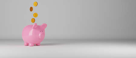 Falling coins with a pink piggy bank on a gray wall with space for text, 3d rendering