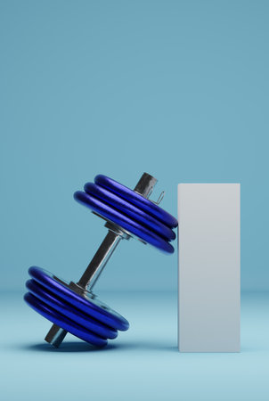 A blue dumbbell leaning against an unlabeled white package , sports concept, food supplements, blue background, 3d renderingの写真素材
