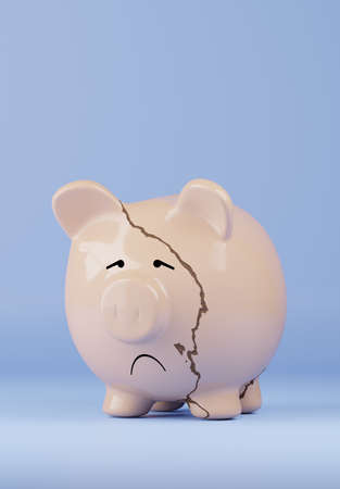 Big beige piggy bank with a crack on a blue wall with space for text, 3d renderingの写真素材