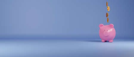 Falling coins with a pink piggy bank on a blue wall with space for text, 3d renderingの写真素材