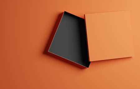 Open orange gift box or package on an orange background, mock up or template, 3d renderingの写真素材