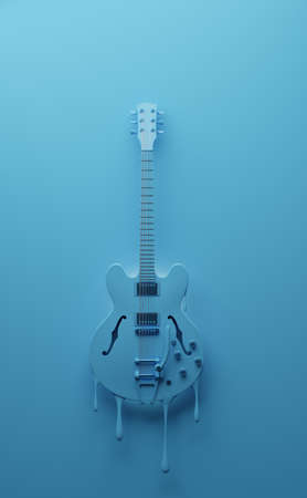 Melted old blue jazz guitar on a blue background, music concept, 3d renderingの写真素材