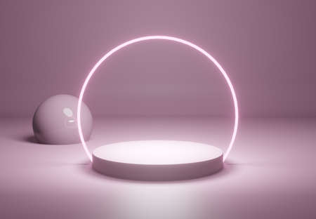 Illuminated pedestal with decoration in pink, mock up template concept, 3d rendering
