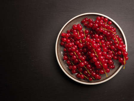 Organic red currant on a ceramic plate on a dark slate background, view from above, healthy food conceptの写真素材