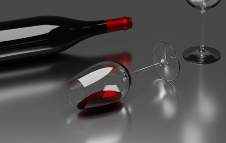 Glass of red wine with bottle on a dark reflective table, 3d renderingの写真素材