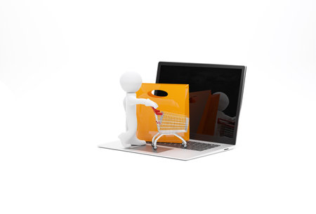 Small character with a shopping trolley on a laptop computer, white background, 3d renderingの写真素材