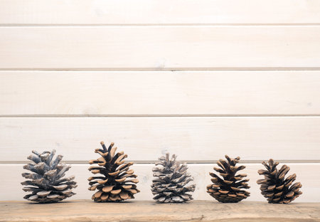 Decorative pine cones on a wooden board with a white wooden background, space for your textの写真素材