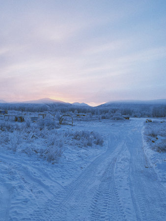 Beautiful winter landscape in the Ukrainian Carpathian Mountains. Road in the snowの写真素材