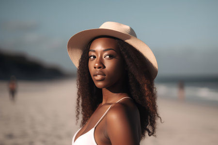 Beautiful young african american woman in hat on the beach.の素材