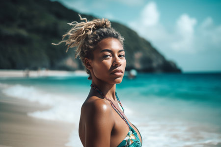 Portrait of a beautiful african american woman in bikini on the beachの素材