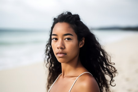 Portrait of a beautiful young woman looking at camera on the beachの素材