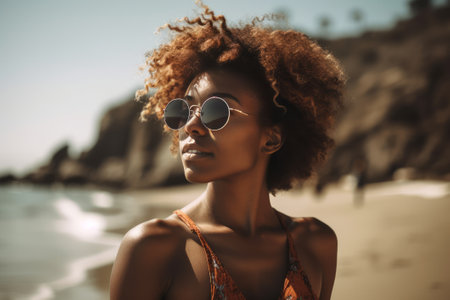 Portrait of a beautiful young african american woman with afro hairstyle wearing sunglasses on the beach.の素材