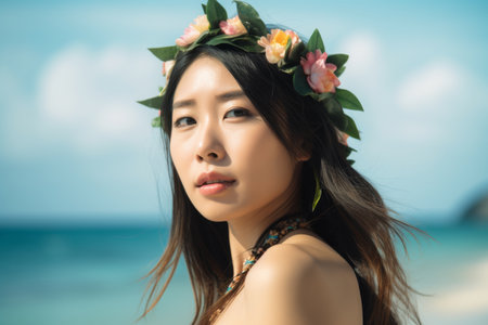 Portrait of an Asian Woman on Tropical Beachの素材