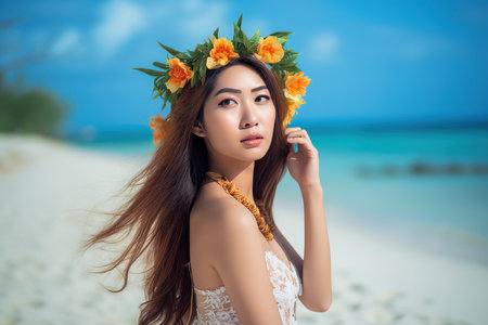 Portrait of an Asian Woman on Tropical Beachの素材
