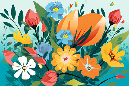 Colorful Vibrant Hand Drawn Radiant Unique Flowers Graphic Illustration Artの素材
