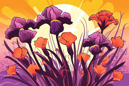 Colorful Vibrant Hand Drawn Radiant Unique Flowers Graphic Illustration Artの素材