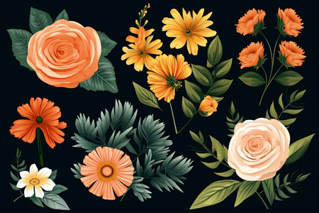 Colorful Vibrant Hand Drawn Radiant Unique Flowers Graphic Illustration Artの素材