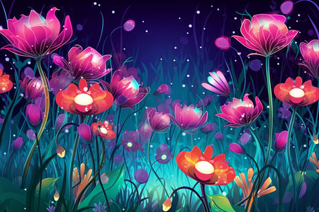 Colorful Vibrant Hand Drawn Unique Flowers Graphic Illustration Backgroundの素材