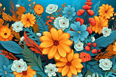 Colorful Vibrant Hand Drawn Unique Flowers Graphic Illustration Backgroundの素材
