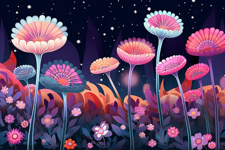 Colorful Vibrant Hand Drawn Unique Flowers Graphic Illustration Backgroundの素材